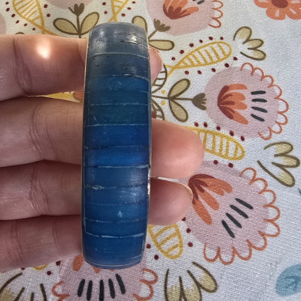 Vintage Brass Bangle with Blue Dyed Bone Inlay Handcrafted Mosaic Design Jewelry